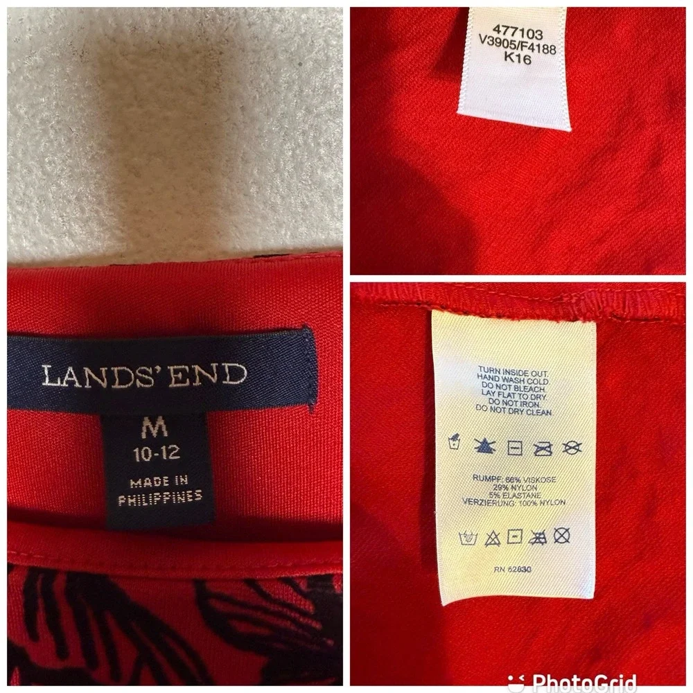 Lands End‎ Red Black Velvet Floral Fit And Flare Dress 3/4 Sleeve Women's Medium